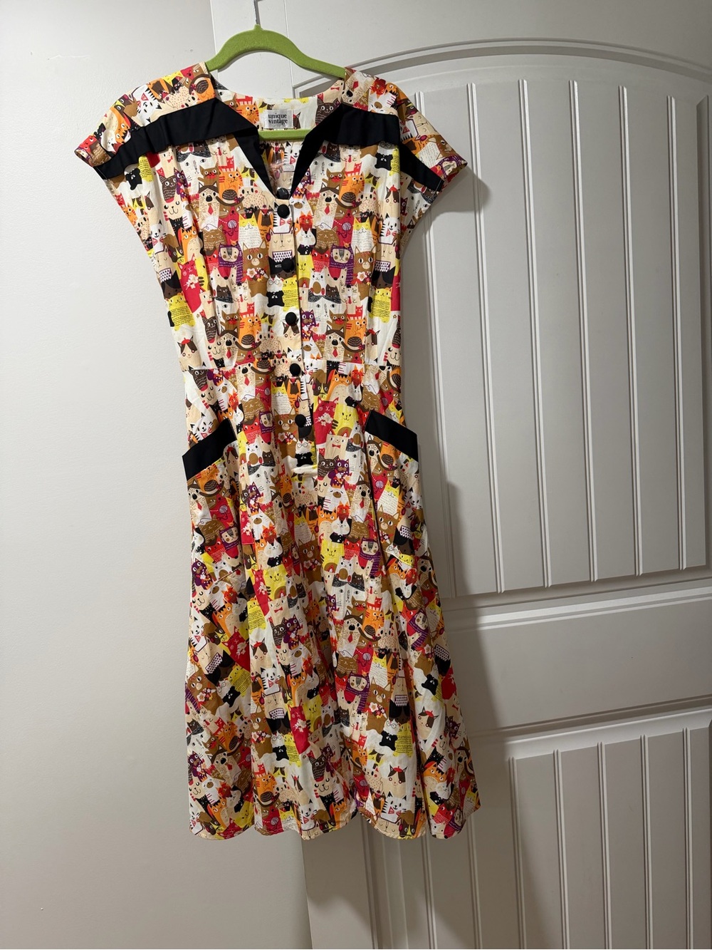 Unique Vintage Fall Color Cats Novelty Print Midi Dress with Black Trim 14 NWT